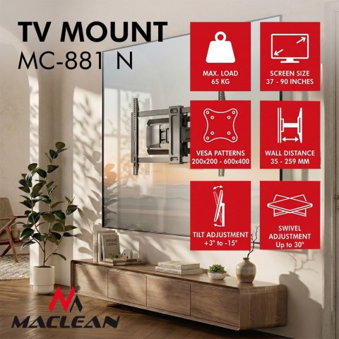 Maclean MC-881 N TV-Wandhalterung, 37-90 Zoll, 65 kg, VESA 600×400, Schwarz