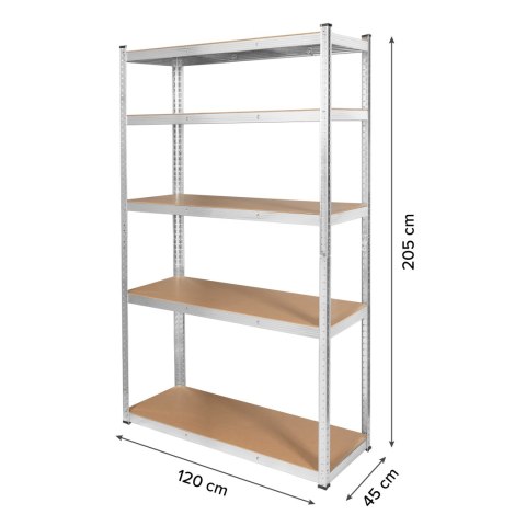 Lagerregal Rebel RB-1253, 205 × 120 × 45 cm, 5 Böden, 875 kg, silberfarben, verzinkt