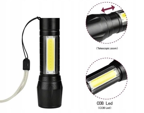 Taktische LED-Taschenlampe Zoom Scheinwerfer COB Akku USB schwarz Vergionic